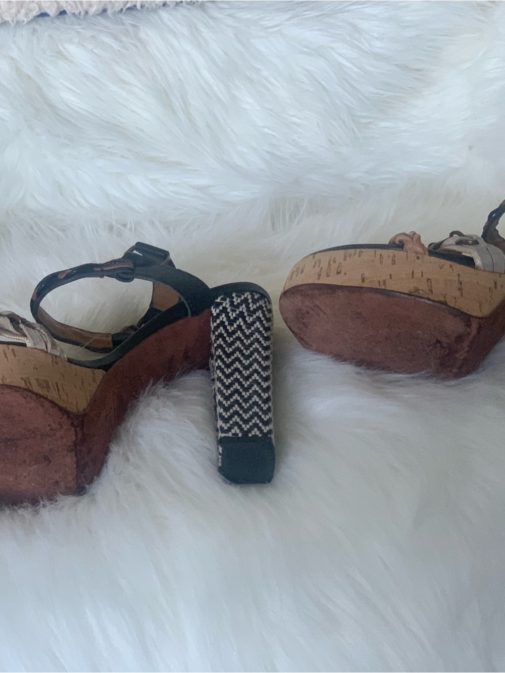 Lanvin Black, Tan & Cream Braided Cork Platform Sandals - Picture 8 of 12